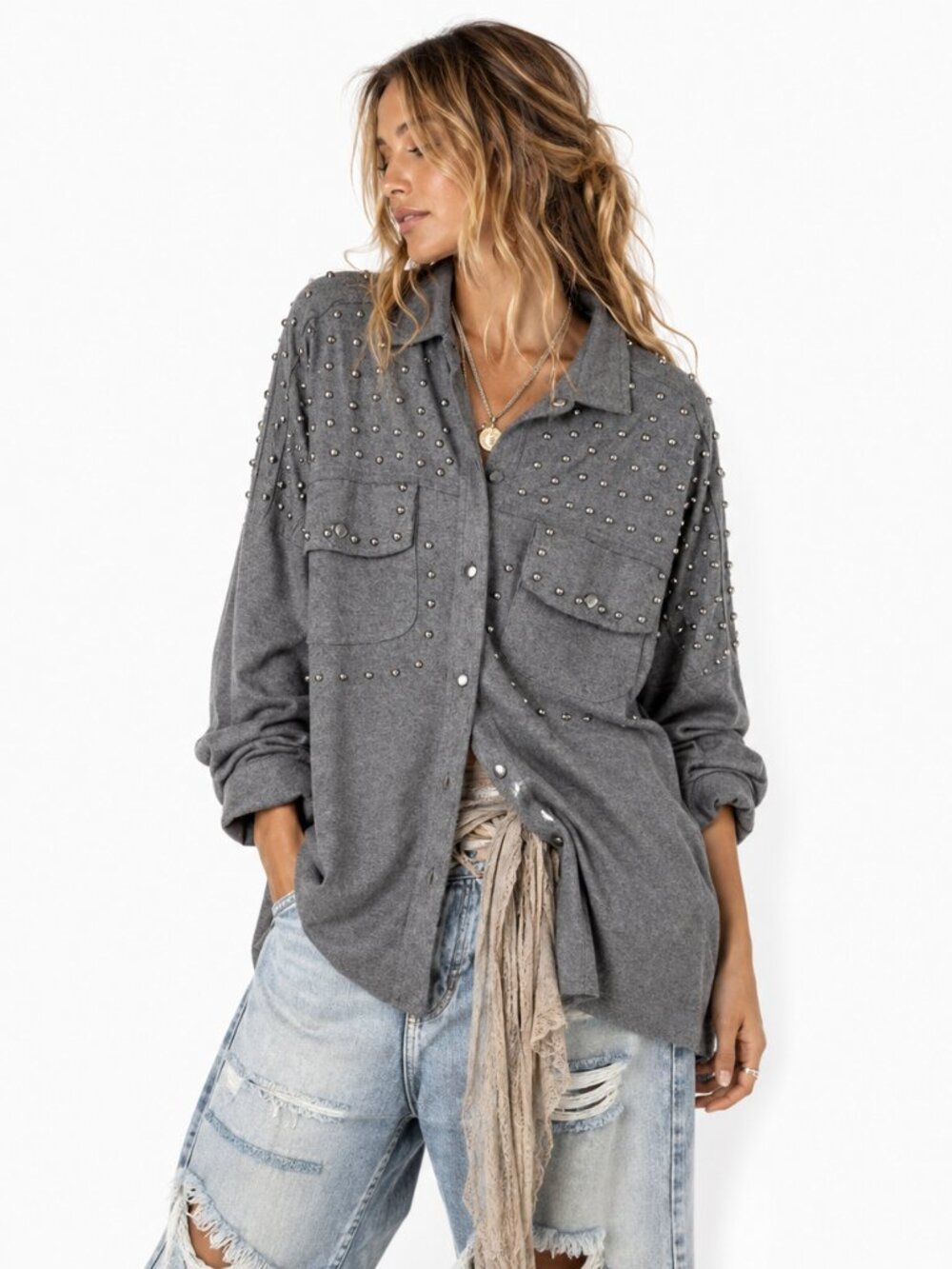 Fantastic Fawn Studded Suede Shacket Womens L Gray Western Boho Glam NWT‎